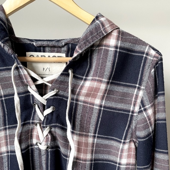 Garage Blue Cropped V-Neck Plaid Half Lace-Up Long Sleeve Shirt - Picture 3 of 6